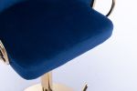 Set of 2 Bar Stools; with Chrome Footrest and Base Swivel Height Adjustable Mechanical Lifting Velvet + Golden Leg Simple Bar Stool-Navy