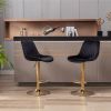 Set of 2 Bar Stools; with Chrome Footrest and Base Swivel Height Adjustable Mechanical Lifting Velvet + Golden Leg Simple Bar Stool-black