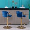 Set of 2 Bar Stools; with Chrome Footrest and Base Swivel Height Adjustable Mechanical Lifting Velvet + Golden Leg Simple Bar Stool-Navy