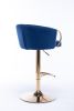 Set of 2 Bar Stools; with Chrome Footrest and Base Swivel Height Adjustable Mechanical Lifting Velvet + Golden Leg Simple Bar Stool-Navy
