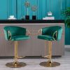 Set of 2 Bar Stools; with Chrome Footrest and Base Swivel Height Adjustable Mechanical Lifting Velvet + Golden Leg Simple Bar Stool-Green