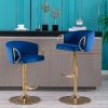Set of 2 Bar Stools; with Chrome Footrest and Base Swivel Height Adjustable Mechanical Lifting Velvet + Golden Leg Simple Bar Stool-Navy