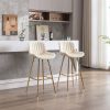 30 inch Set of 2 Bar Stools; with Chrome Footrest Velvet Fabric Counter Stool Golden Leg Simple High Bar Stool; CREAM
