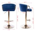 Set of 2 Bar Stools; with Chrome Footrest and Base Swivel Height Adjustable Mechanical Lifting Velvet + Golden Leg Simple Bar Stool-Navy