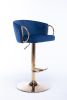 Set of 2 Bar Stools; with Chrome Footrest and Base Swivel Height Adjustable Mechanical Lifting Velvet + Golden Leg Simple Bar Stool-Navy