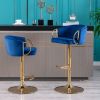 Set of 2 Bar Stools; with Chrome Footrest and Base Swivel Height Adjustable Mechanical Lifting Velvet + Golden Leg Simple Bar Stool-Navy