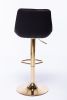 Set of 2 Bar Stools; with Chrome Footrest and Base Swivel Height Adjustable Mechanical Lifting Velvet + Golden Leg Simple Bar Stool-black