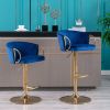 Set of 2 Bar Stools; with Chrome Footrest and Base Swivel Height Adjustable Mechanical Lifting Velvet + Golden Leg Simple Bar Stool-Navy