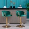 Set of 2 Bar Stools; with Chrome Footrest and Base Swivel Height Adjustable Mechanical Lifting Velvet + Golden Leg Simple Bar Stool-Green